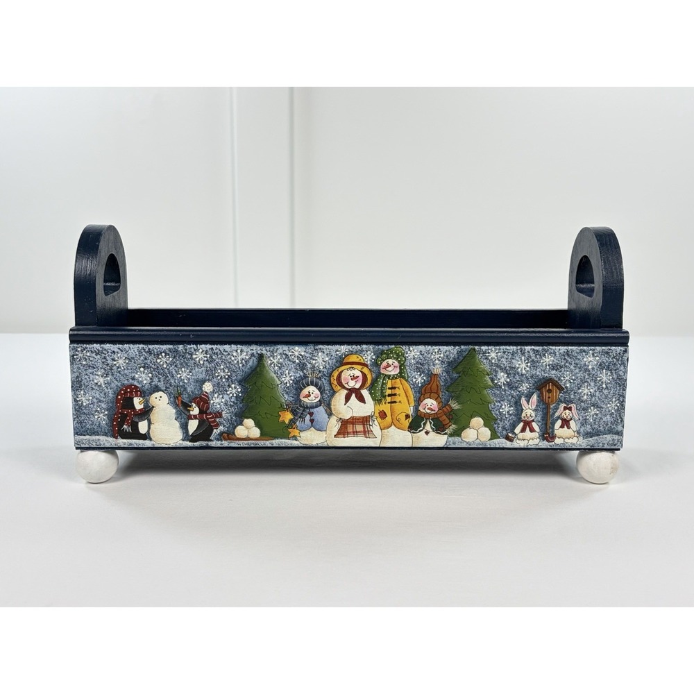 Vintage Hand Painted Wood Winter Snowman Caddy Tray Table Decor Folk Art Box
